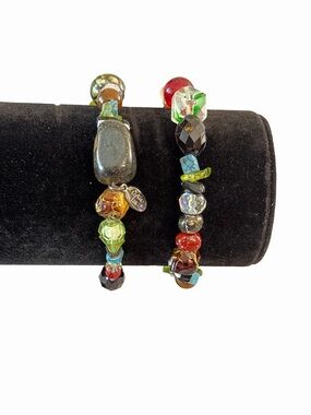 Cookie Lee Gemstone & Glass Beaded Stretch Bracelet Set (2) | Colorful Stack